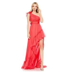 Mac Duggal Formal Pink Ruffled One Shoulder Asymmetrical Gown Size 6 $398 NWT